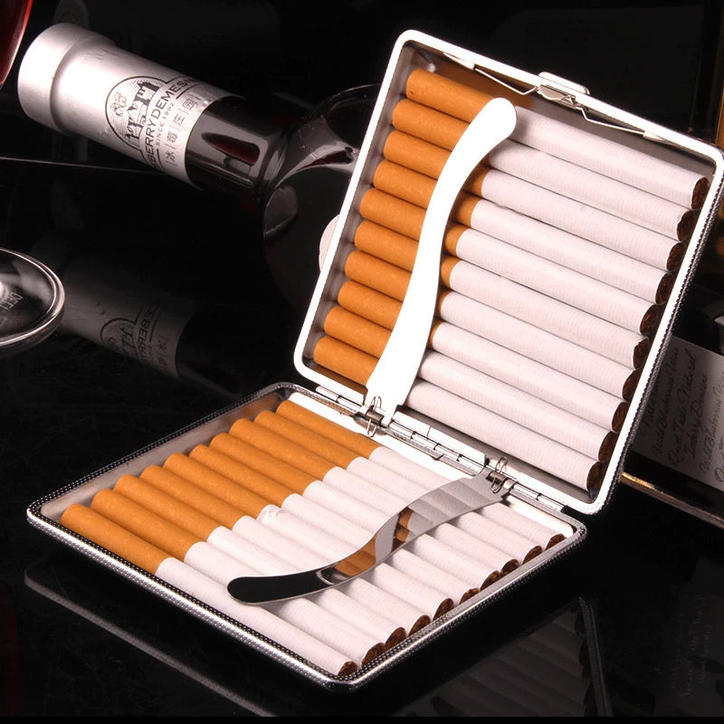 20 Sticks Cigarette Case Leather Surface Storage Metal Box Men Smoking
