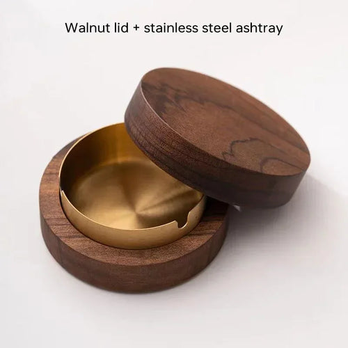 New Creative Ashtrays With Lid Walnut Wood Desktop Ashtray Stainless