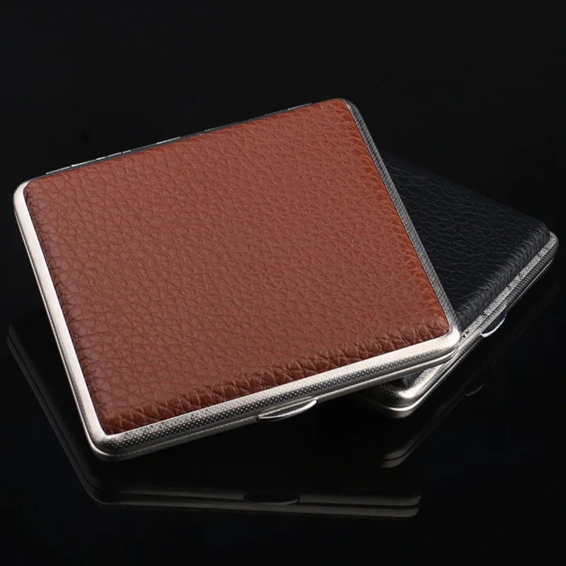 20 Sticks Cigarette Case Leather Surface Storage Metal Box Men Smoking
