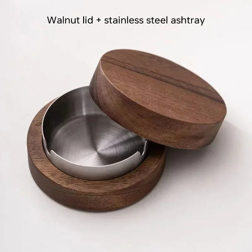 New Creative Ashtrays With Lid Walnut Wood Desktop Ashtray Stainless