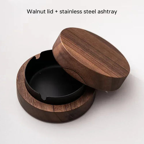 New Creative Ashtrays With Lid Walnut Wood Desktop Ashtray Stainless