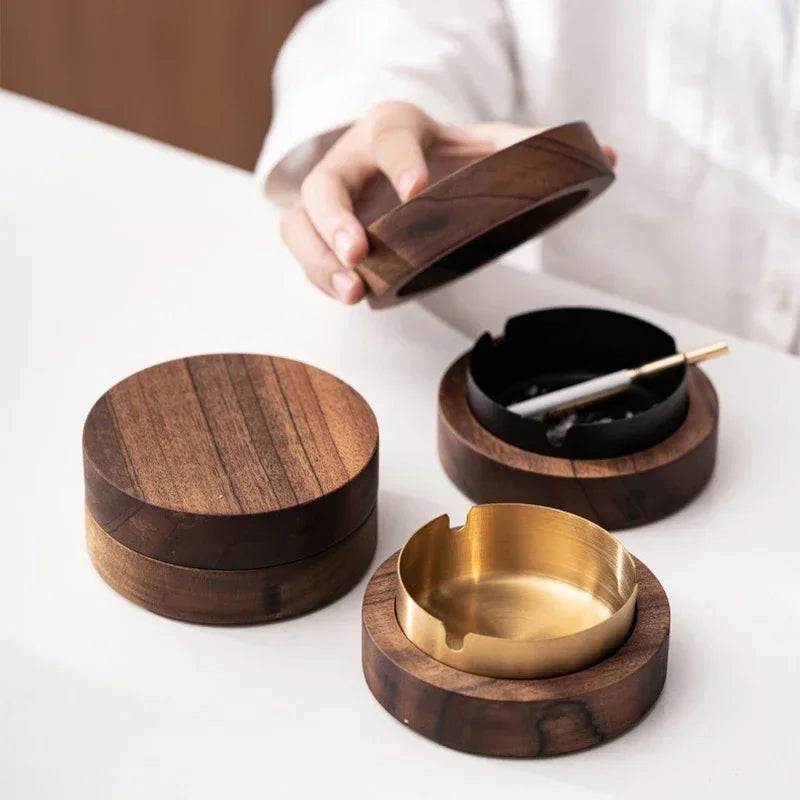 New Creative Ashtrays With Lid Walnut Wood Desktop Ashtray Stainless